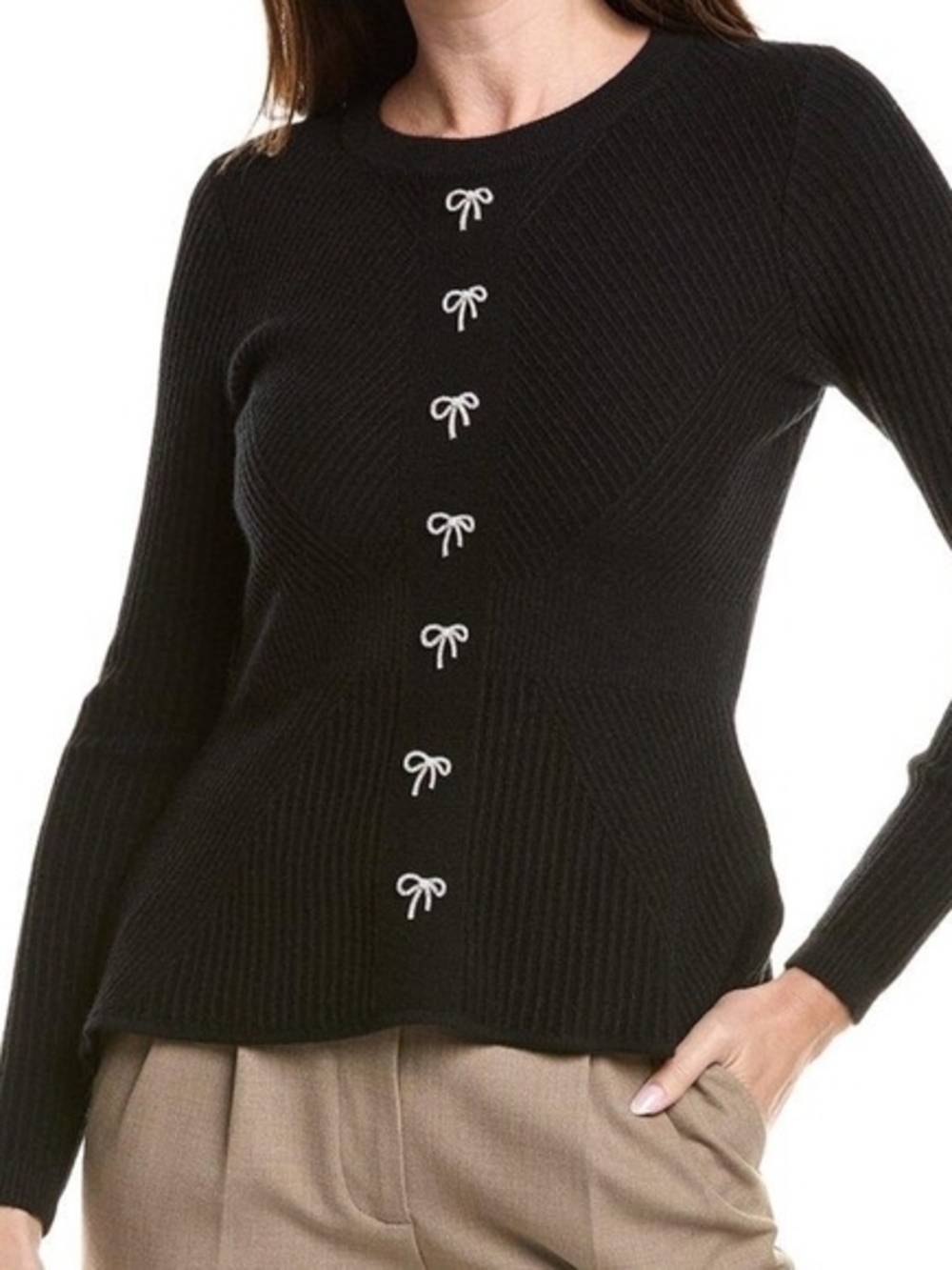 Catherine Malandrino Black Ribbed Crewneck Sweater with White Bow Accents